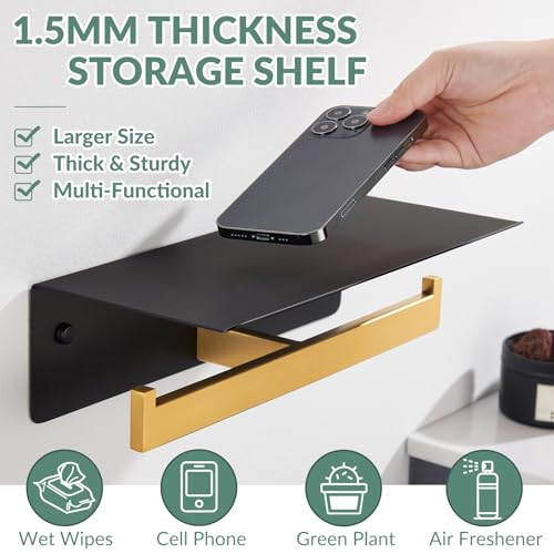 APLusee Double Toilet Paper Holder with Phone Shelf, 304 Stainless Steel Bathroom Tissue Hanger, Wall Mounted Dual Roll Paper Dispenser, Black & Gold - color: Black With Gold, size: Double Rod