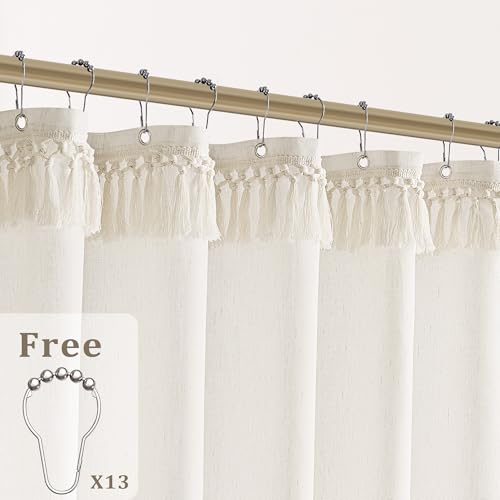 Cream Shower Curtain with Top Tassels Water Repellent 72x72 Inch | Boho Farmhouse Natural Elegant Aesthetic, Shower Curtains, Linen, Ivory, for Bathroom Decor, with Hooks Sets, 72 x 72 Inches - color: Natural - Top Tassels, size: 72"W x 72"L (Pack of 1)
