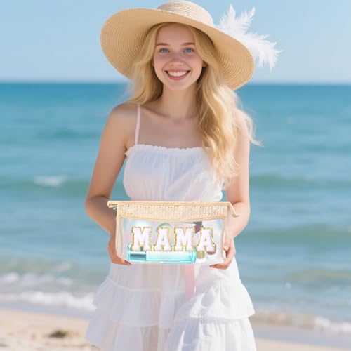 Boho Patch Cosmetic Bag with Zipper, Chenille Varsity Letter Makeup Bag, Clear Travel Pouch, Multi-purpose Small Toiletry Bag for Women Girls (Mama) - style: Mama