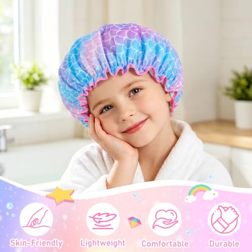 Olypegic Kids Shower Cap, 3 Pcs Girls Shower Cap for Kids Reusable Waterproof Adjustable Large Hair Cap Unicorn Mermaid Rainbow Cute Hair Cover Hat - color: Mermaid