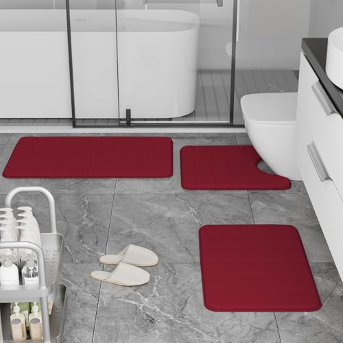 RUN HELIX Burgundy Bathroom Rugs Sets 3 Piece Memory Foam Non Slip Bath Mats for Bathroom Floor and U-Shaped Contour Toilet Rug, Soft Washable Bathroom Mats and Rugs Sets for Toilet Shower Sink - color: Burgundy