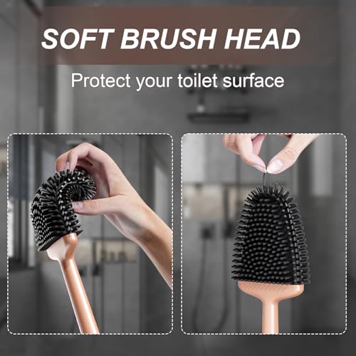 Sellemer Toilet Brush and Holder Set - Flexible Toilet Bowl Brush Head with Silicone Bristles, Compact Size for Storage and Organization, Ventilation Slots Base (1 Pack, Rose Gold) - color: Rose Gold