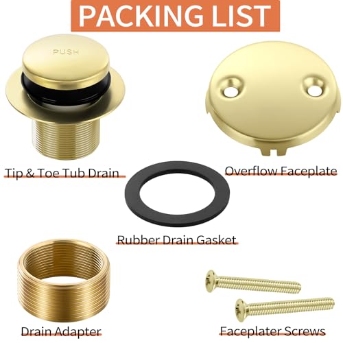 Gold Bathtub Drain Tip-Toe Tub Trim Set with Two-Hole Overflow Faceplate Bathroom Tub Drains Replacement Conversion Tub Drain Kit Assembly with Universal Fine & Coarse Thread - color: Gold