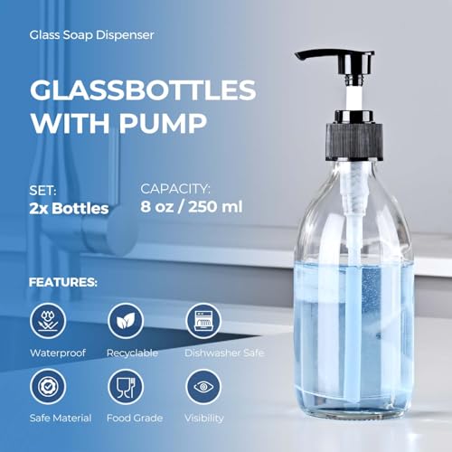 8 oz Clear Glass Pump Bottle, 250ml Small Lotion Dispenser Bottle for Body Massage Oil, Refillable Empty Hand and Dish Soap Dispensers Set with Storage Caps, Labels - 2 Pack - color: Clear