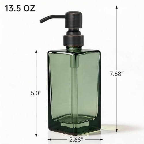 13.5 Oz Green Glass Soap Dispenser with Rust Proof Stainless Steel Pump, Antique Design Refillable Square Lotion Dispenser for Bathroom, Premium Kitchen Hand Soap (Oil Rubbed Bronze) - color: Gree +Oil Rubbed Bronze