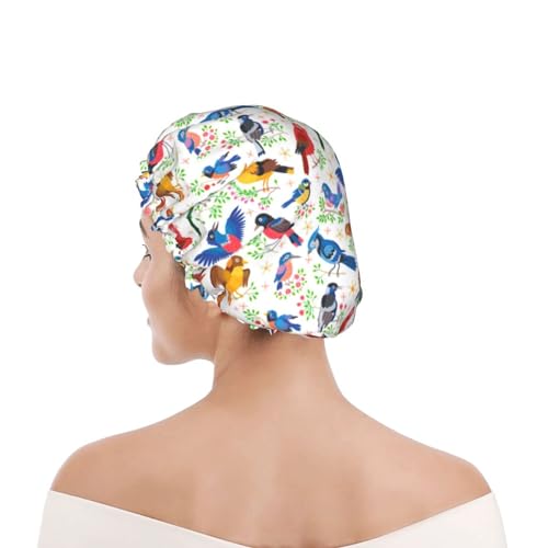 Birds Pattern Shower Cap For Women Reusable Waterproof Double Layers Bath Cap Hair Protection Elastic Ladies Spa Salon Shower Hat - color: Birds Pattern