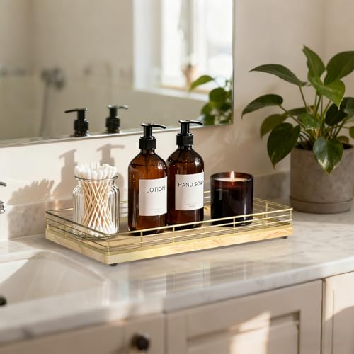 Bathroom Vanity Tray, 13" x 8" Oak Decorative Wooden Tray for Countertop | Large Bathroom Vanity Organizer, Wood Tray for Perfume Skincare Accessories Storage, Vanity Dresser Decor, Gold & Natural Oak - color: Natural, size: 13" x 8" x 2"
