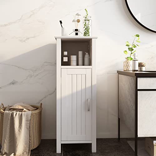 Tangkula Bathroom Floor Cabinet, Multifunctional Storage Cabinet, Anti-Tipping Device, 3-Height Adjustable Shelf, Wooden Freestanding Side Cabinet for Bathroom Home Office, 12 x 12 x 31.5 Inch - color: White