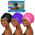 3 Pack Extra Large Swim Cap for Braids & Dreadlocks - Waterproof Silicone Swim Hat for Women with Long Thick Hair, Protective Swim Cap Cover Ears for Swimming, Shower, Bathing - color: Black+Pink+Purple