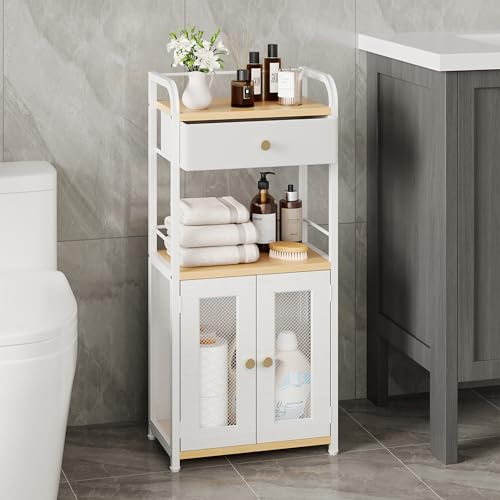 SWTYMIKI 14.57"x32.28" Bathroom Storage Cabinet – Freestanding Storage Cabinet with Doors and Drawer, Bathroom Organizers and Storage for Small Spaces – Ideal for Towels and Toiletries, Natural - color: Natural