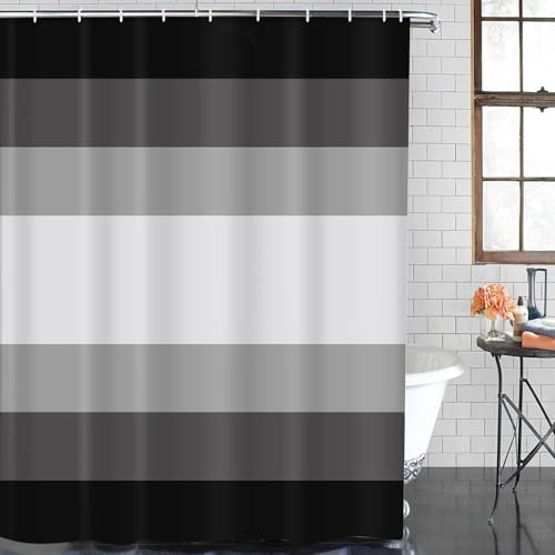 ArtSocket Black Grey Ombre Bathroom Set with Shower Curtain and Bath Rugs and Accessories,Modern Striped Lines Gray Non-Slip Shower Curtain Set,Bathroom Decor 3 Pcs - color: Black Striped Ombre
