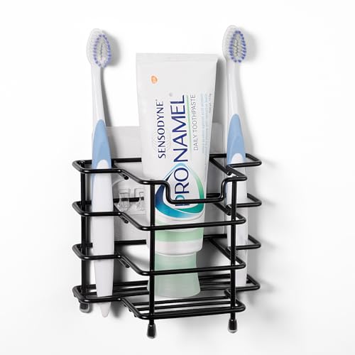 Linkidea Toothbrush Holder for Shower, Stainless Steel Brush Stand, Countertop/Wall Mount 3 Slots Organizer Compatible with Colgate Extra Clean, Oral-B CrossAction Manual Toothbrush (Black) - color: Black