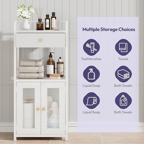 SWTYMIKI 14.57"x32.28" Bathroom Storage Cabinet – Freestanding Toilet Paper Storage with Doors & Drawer, Bathroom Organizers and Storage for Small Spaces, Laundry Room, Ideal for Towels, White - color: White