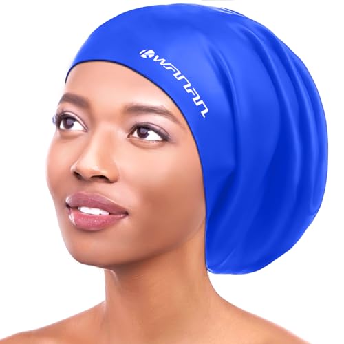 Extra Large Silicone Swim Cap for Long Hair and Protective Styles–Waterproof Swimming Cap for Men and Women with Dreadlocks, Weaves, Extensions, Braids, Curls, and Afros–Keep Hair Dry - color: Blue
