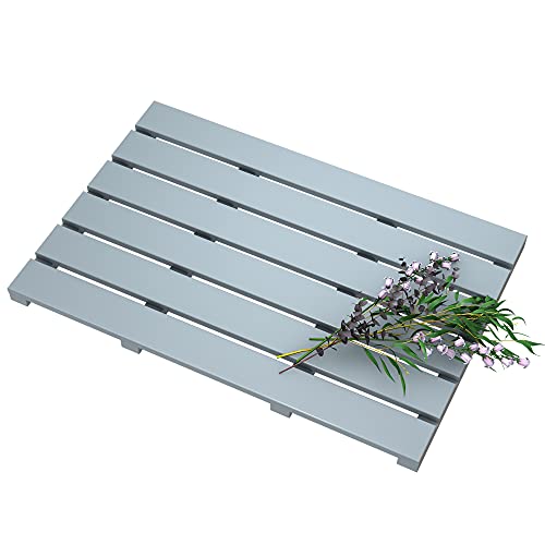 Bamboo Wooden Bath Floor Mat for Luxury Shower - Non-Slip Bathroom Waterproof Carpet for Indoor or Outdoor Use (Bluish Grey) - color: Grey, size: 21.3" x 14.2" (Rectangular)