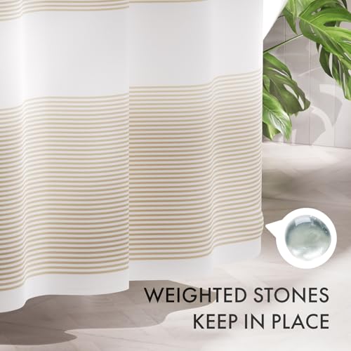 AmazerBath Beige Shower Curtain, 72x72 Washable Cloth Neutral Light Tan Shower Curtain with 12 Hooks, Fabric Khaki and White Striped Set, Farmhouse Bathroom Shower Curtain - color: A- Khaki Stripe +12 Metal Hooks, size: 72"W x 72"L (Pack of 1)