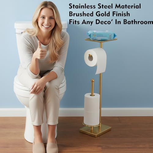 Gold Toilet Paper Holder with Shelf, Free Standing Toilet Paper Stand with Storage for Holding Extra 3 Rolls, Tissue Holder for Bathroom (Gold with Metal Base) - color: Gold With Metal Base