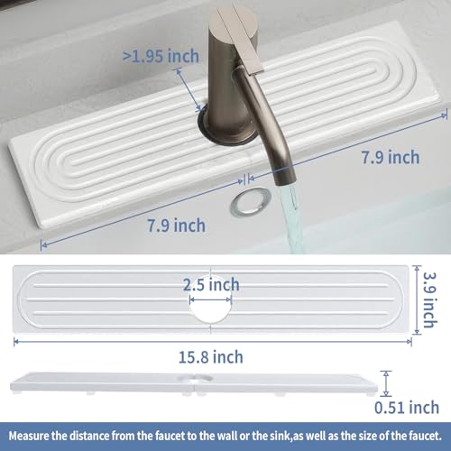 15.8"x3.9" Stone Faucet Mat for Kitchen Sink, Diatomite Quick Dry Kitchen Sink Splash Guard Water Absorbent Drying Mat, Drying Stone Sink Tray for Bathroom Counter, White
