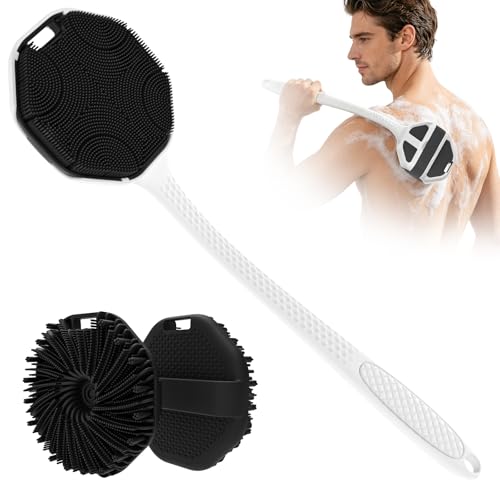 Back Scrubber for Shower for Men 2 Pack, Silicone Body Scrubber with Long Handle, Detachable Body Wash Scrubber Shower Scrub Brush - Lathering Bristles Deep Clean Exfoliator Women Mens Black - color: Grey