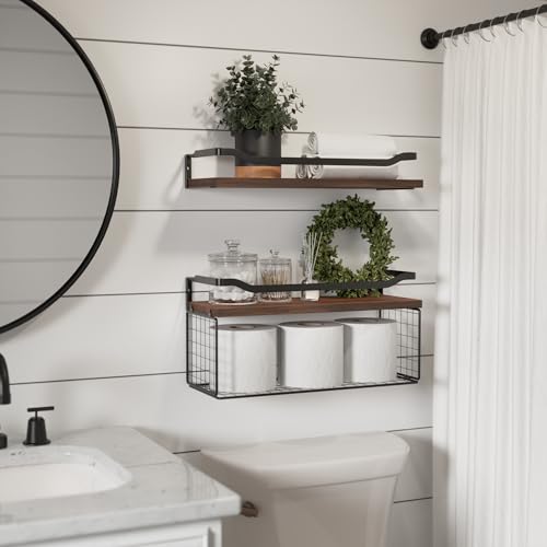 WOPITUES Floating Shelves with Wire Storage Basket, Bathroom Shelves Over Toilet with Protective Metal Guardrail, Wood Wall Shelves for Bathroom, Bedroom, Living Room, Toilet Paper- Dark Brown - color: Dark Brown