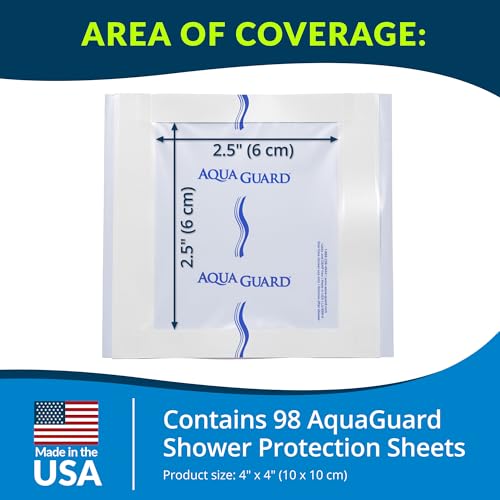 AquaGuard Shower Protection Sheet, Wound Cover for Showering, 4 in x 4 in, 98 Sheets | Self-Adhesive, Moisture Barrier, Made without Latex, Single-Use, Keeps Wounds, Dressings, PICC Lines Dry While Showering - size: 4" x 4", style: Case of 98 Sheets