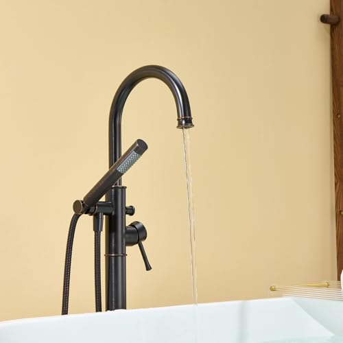Wowkk Free Standing Tub Faucet Oil Rubbed Bronze Freestanding Bathtub Faucet Floor Mount Brass Bathroom Tub Filler with Hand Shower - color: Oil Rubbed Bronze, style: Modern
