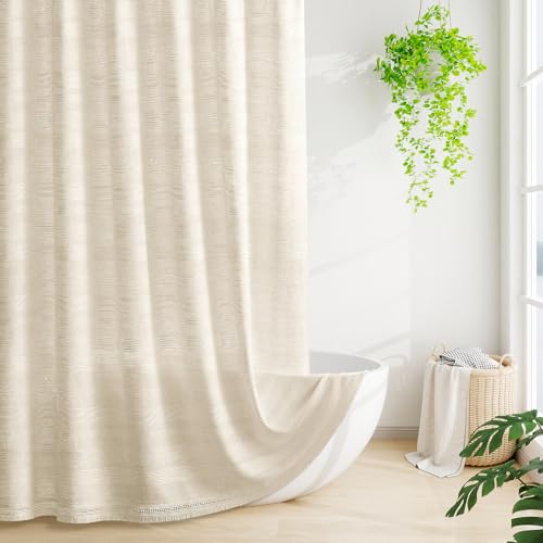 Boho Farmhouse Shower Curtain Set with Tassel, Linen Bohemian French Country Chic Bathroom Shower Curtain Set, Modern Striped Textured Shower Curtain 72x72 - Beige/Cream - color: Beige, size: 72"W x 72"L (Pack of 1)