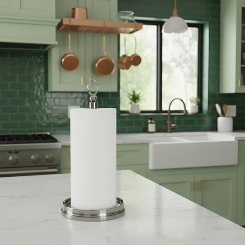KASUNTO Paper Towel Holder With Heavy Weighted Base - Steel Countertop Stand for Kitchen, Bars & Dining Tables - Fits Standard & Jumbo Rolls - Brushed Nickel - color: Brushed Nickel