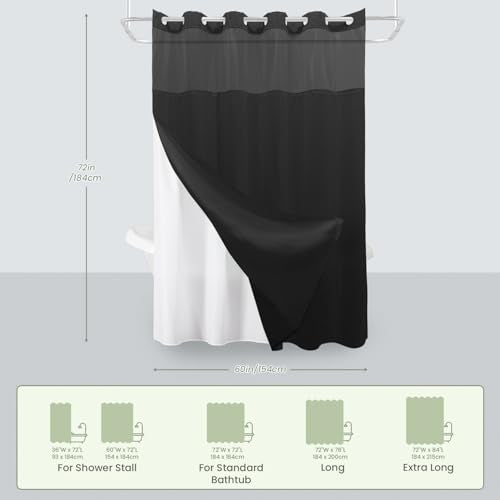 Inhousolu No Hook Shower Curtain with Snap-in Fabric Liner, Waffle Weave 230 GSM Polyester, Weighted Hem, Water Repellent Washable, Mesh Top Window 60" W x 72" L Black - color: Black, size: 60"W x 72"L (Pack of 1)