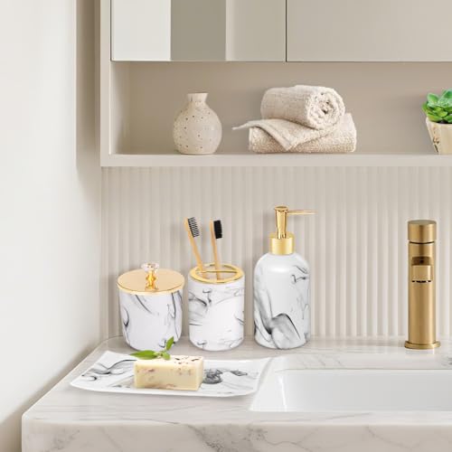 Haturi Bathroom Accessories Set, 4 Pcs Marble Look Sets Soap Dispenser & Toothbrush Holder Counter Top Restroom Apartment Decor Stuff, Glass Kits, Gift for Women and Men, Ink White - style: White