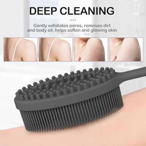 MateeyLife Silicone Body Scrubber Exfoliator with Handle, Gentle Back Scrubber for Shower, Bath Scrubber for Body - color: Gray