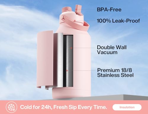 POWCAN 64 oz Insulated Water Bottle with 2-in-1 Straw and Spout Lid, Keep Cold 24H, Leak-Proof, BPA-Free, Double Wall Stainless Steel Water Bottle for Sports, Gym, Travel, and School (Cotton Candy) - color: Cotton Candy, size: 64 Ounces