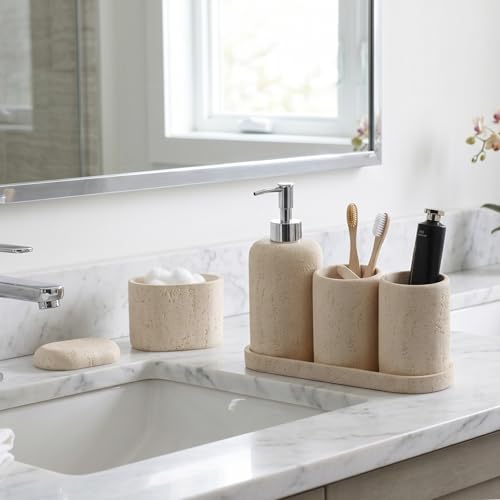 Bathroom Accessories Set, 5PCS, Travertine Stone Look, Yellow | Modern Bathroom Accessory Set with 13.53OZ Soap Dispenser, Mouthwash Cup, Toothbrush Holder, Qtip Holder, Vanity Tray - color: Yellow