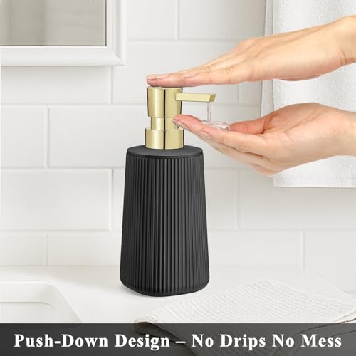 Black and Gold 2 Pack Hand Soap Dispensers Set with No Rust Pump for Bathroom and Kitchen Countertops Refillable Matte Striped Plastic 8.5 oz - color: Black and Gold Set of 2