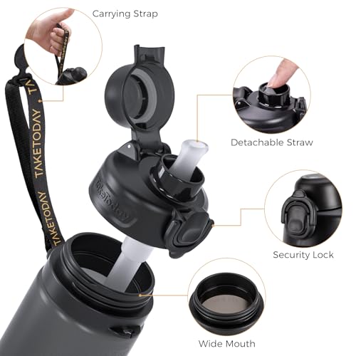 TakeToday Collapsible Water Bottles 21oz (600mL), Foldable Platinum Silicone Travel Water Bottle with Straw & Carry Strap, Leak-Resistant Screw Lid, Wide Mouth, BPA-Free for Hiking, Camping, Travel - color: Black