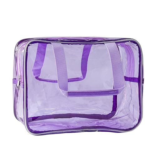 PVC Purple Pure Color Transparent Gift Pouch Wash Travel Makeup Cosmetic Bag with Handle for Travel Bathroom Toiletry Organizer (Purple) - color: purple