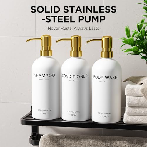 Shampoo and Conditioner Dispenser Set,3 Refillable 16oz Bottles with Stainless Steel Pumps – Shower Soap Dispensers for Bathroom, Hotel or Airbnb (Gold, 3-Pack) - color: Gold