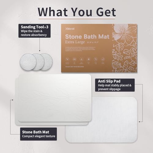 XMarrat Extra Large Stone Bath Mat Large 2 Pack, 31.5'' x 19.7'' Diatomaceous Earth Non-Slip Stone Shower Mat, Super Absorbent Diatomite Stone Mats for Bathroom, Quick Drying, Easy to Clean - color: White F2 - 2 Pack, size: 31.5" x 19.7" (Rectangular)