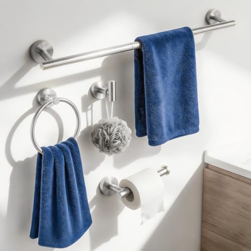 HOMOTEK 4 Pieces Bathroom Accessories Hardware Set, 24 inch Towel Bar, Towel Ring, Robe Hook, Toilet Paper Holder, Stainless Steel Rack Kit Wall Mounted, Brushed Stainless Steel - color: Brushed Stainless Steel