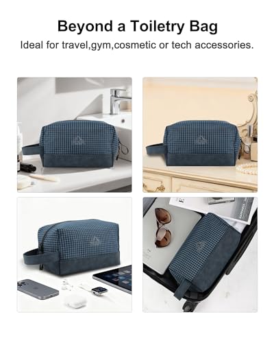 GOX Premium Plaid & Leather Travel Toiletry Bag with Reinforced Handles Cosmetic Organizer (9x5.1x5.1 inches) for Bathroom, Shaving, Makeup Essentials (Navy) - color: Navy