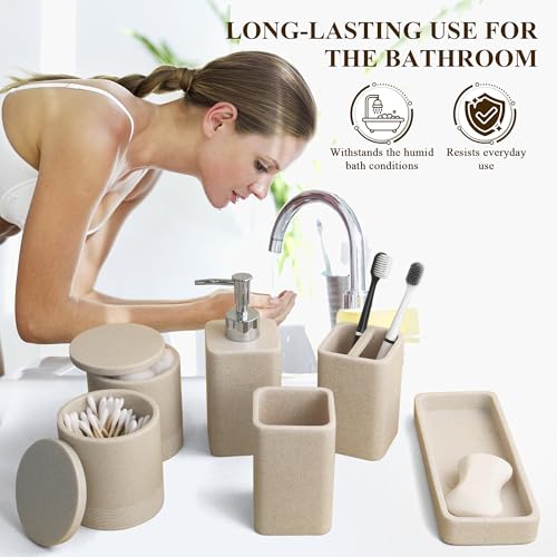 YMXYJM Bathroom Accessories Set, 6 Piece Bathroom Set with Toothbrush Holders, Soap Dispenser, Vanity Tray, Tumbler, Cotton Swab Jars, Bathroom Organizer，Bathroom Sink Sets, Stone Beige - color: Beige