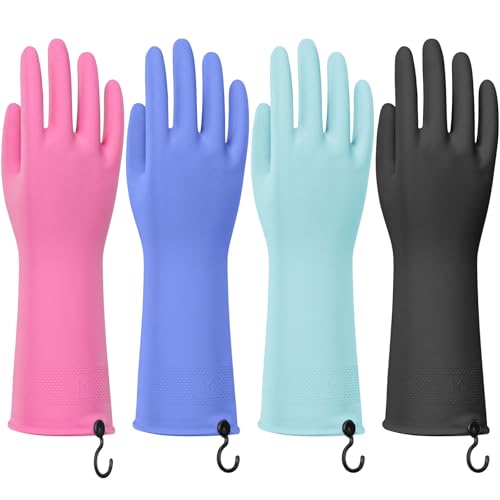 4 Pairs Rubber Dishwashing Gloves with Hanging Hooks - Reusable Cleaning Gloves for Kitchen & Household, Non-Slip, Durable and Flexible (Medium, 4 Colors: Black, Pink, Blue, Purple) - size: Medium