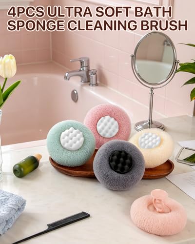 Super Soft Sunflower Suction Cup Bath Sponge loofah, 2026 Upgraded 2-in-1 Sunflower Ball Exfoliating Bath Sponge Cleaning Brush, Mesh Shower Body Sponge Accessories for Women, Men Shower (5 Color) - color: Blue+pink+purple+white+grey