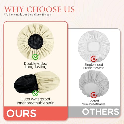 Extra Large Shower Cap for Women, Reusable Waterproof Shower Bonnet with Satin Lining, Double Layer Washable Bath Hair Cap for Braids, Locs, Long Thick Curly Hair, Natural Hair(Big Champagne) - color: Champagne