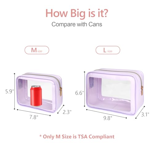 PACKISM Clear Makeup Bag Foldable - TSA Approved Toiletry Bag for Travel | Metal Zipper, Reinforced Seam, Water Resistant, Medium for Carry-on, Large for Checked Luggage, for Car Storage Organizer - color: 2 Pack Purple, size: Hybrid Traveler (1 Large & 1