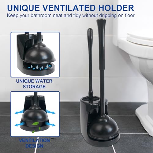 CELOX Black Toilet Plunger and Brush Set with Holder for Bathroom, 1 Set,Silver-Black - color: Silver-black