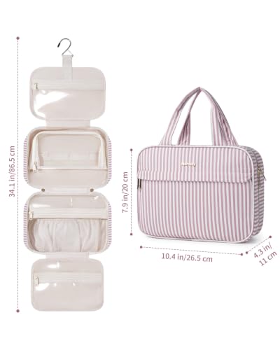 Narwey Striped Hanging Toiletry Bag for Women Travel Makeup Bag Cosmetic Make Up Organizer Toiletries Bag for Travel Essentials Accessories (Dusty Pink Stripe, Medium) - color: B-Dusty Pink Stripe, size: Medium