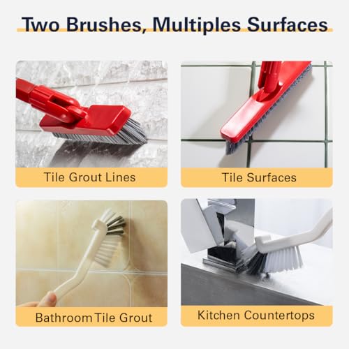 Foxtrot Living Grout Brush with Long Handle & Handheld Stiff Bristle Scrubber, V-Shaped Cleaner with Telescopic Handle for Easy Cleaning & Storage - Tile Floor Cleaning Brush - color: Red