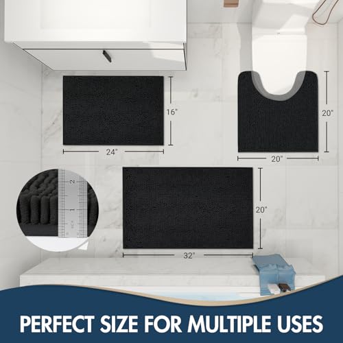 TREETONE Bathroom Rugs Sets, Thick Soft Absorbent 3 Piece Chenille Bath Rugs, Non-Slip, Dry Quickly, Machine Washable, Shaggy Mats with U-Shaped Toilet Rug for Bathroom Floor, Tub and Shower, Black - color: Black, size: 16"x24"+20"x32"+U Shape 20"x20"