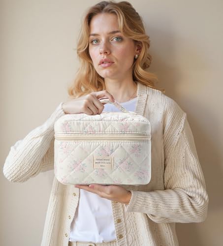 HBselect Quilted Makeup Bag, 3PCS Cotton Large Travel Makeup Bag, Cute Floral Coquette Make up Bag Cosmetic Bag Toiletry Bag for Women Girls - color: A-3PCS-Floral 34